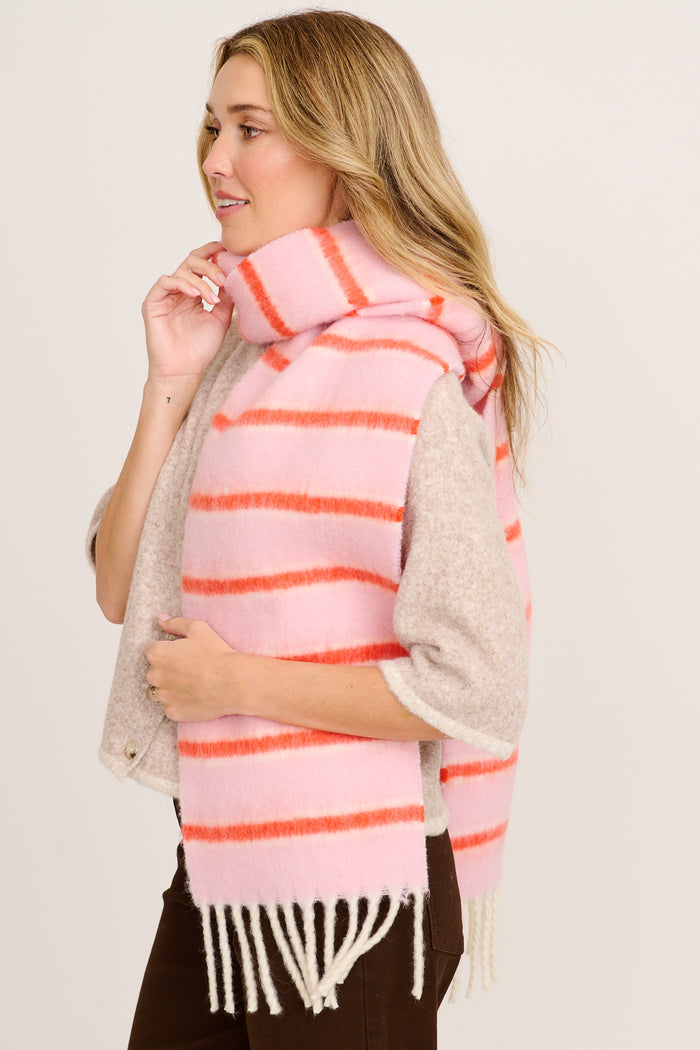 Chloe Knit Scarf in Candy Pink and Red Stripe on model side