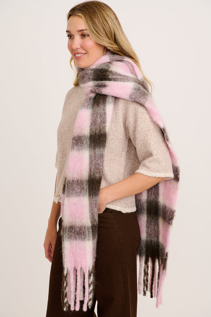 Elodie Knit Scarf in Multi Pink Check on model side