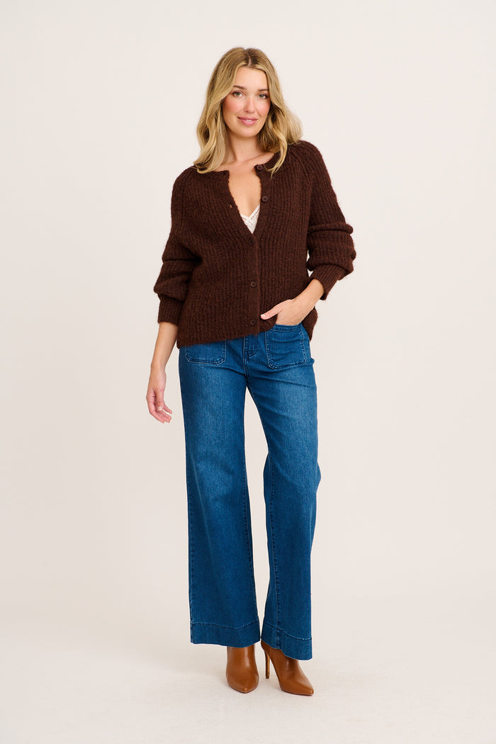 Perfect Layer Knit Cardigan in Chocolate Wool Blend full length