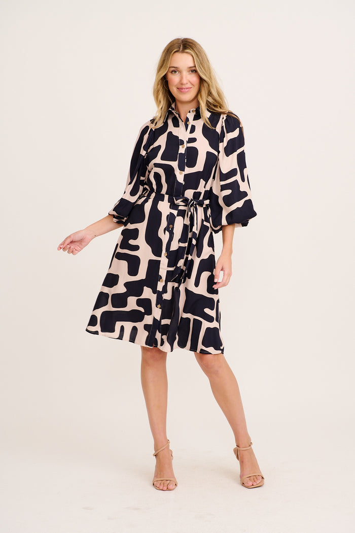 Risa Shirt Dress in Black with Cream Print full length