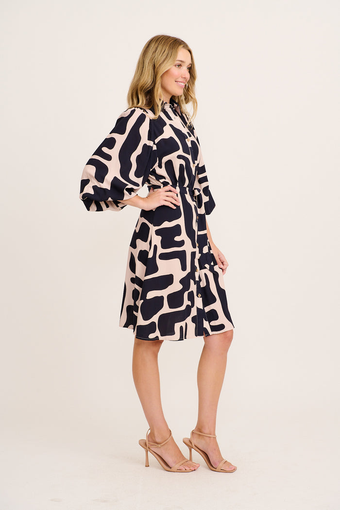 Risa Shirt Dress in Black with Cream Print side