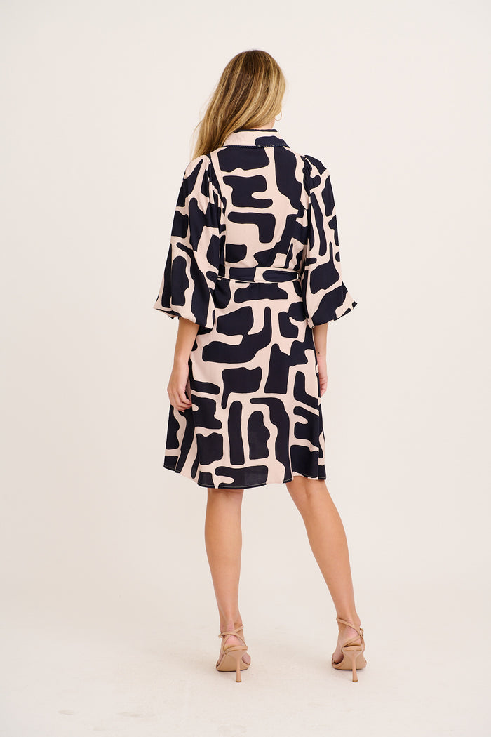 Risa Shirt Dress in Black with Cream Print back