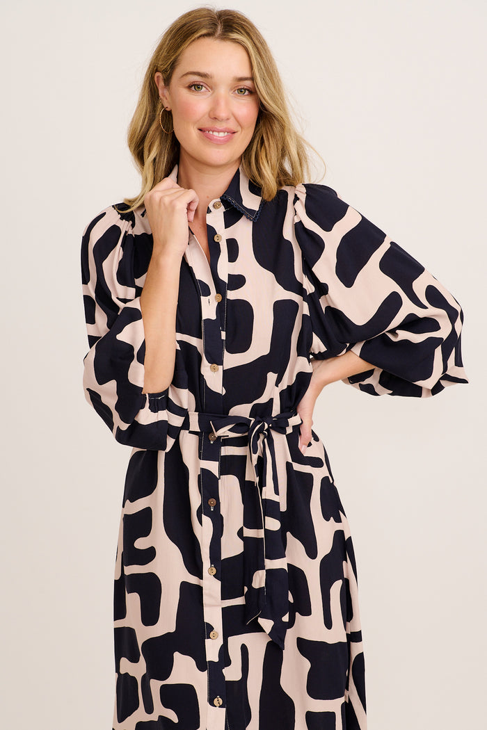 Risa Shirt Dress in Black with Cream Print front