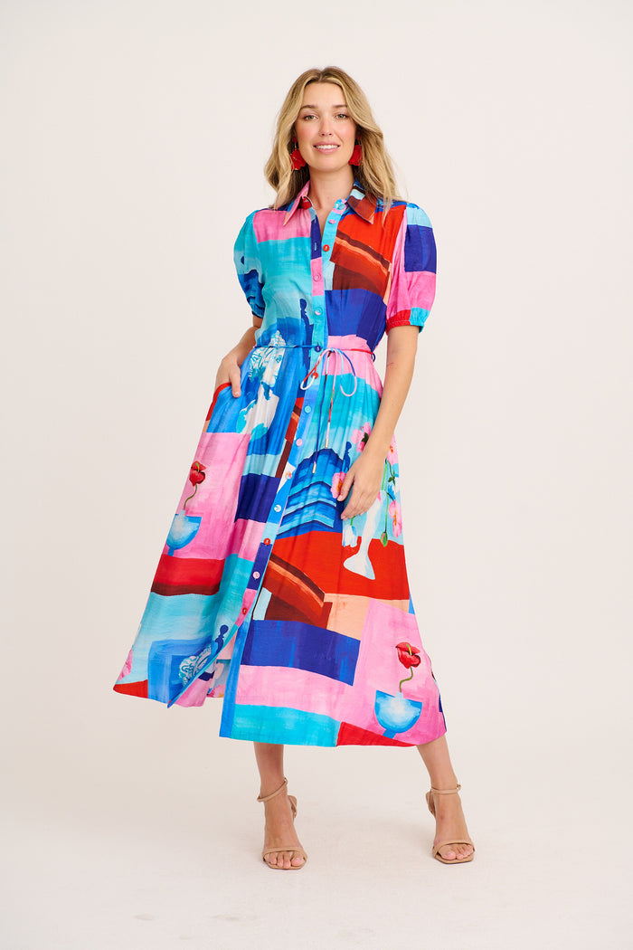 Sundrop Maxi Shirt Dress in Blue and Multi Vase Print full length