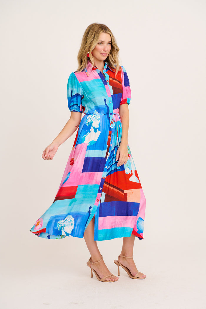 Sundrop Maxi Shirt Dress in Blue and Multi Vase Print side