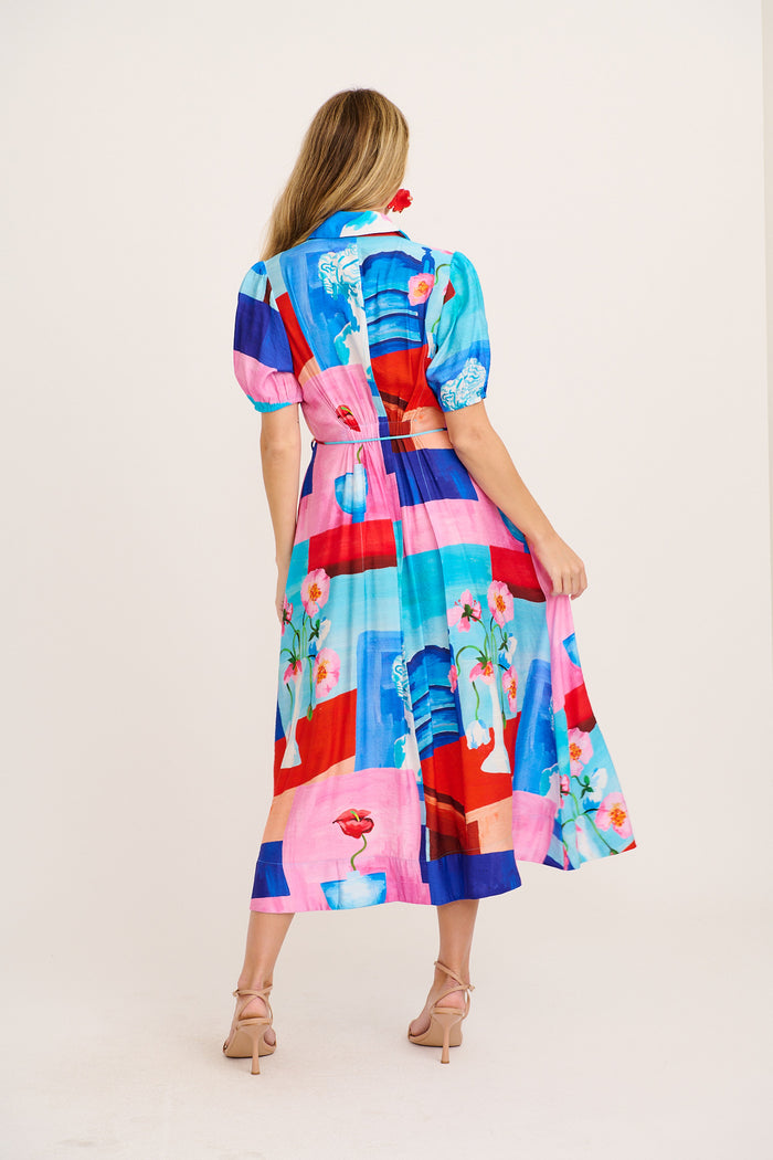 Sundrop Maxi Shirt Dress in Blue and Multi Vase Print back