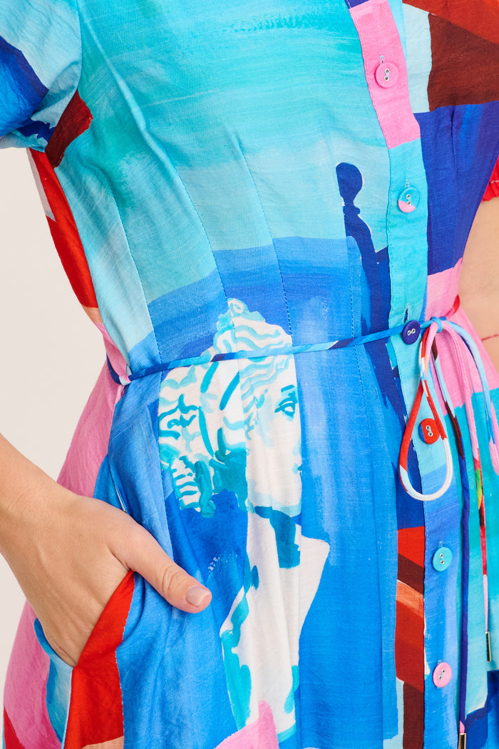 Sundrop Maxi Shirt Dress in Blue and Multi Vase Print detail