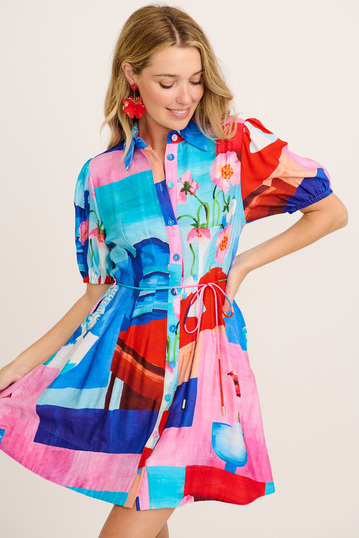 Pretty Haze Shirt Dress in Blue and Multi Vase Print front