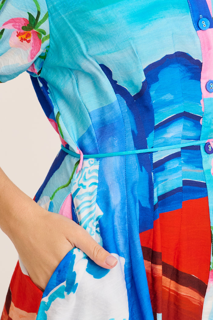 Pretty Haze Shirt Dress in Blue and Multi Vase Print detail