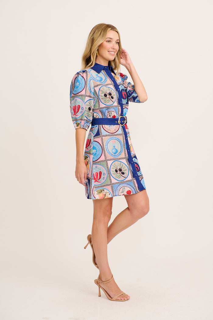 Esenia Shirt Dress in Blue Multi Tile Linen Blend side