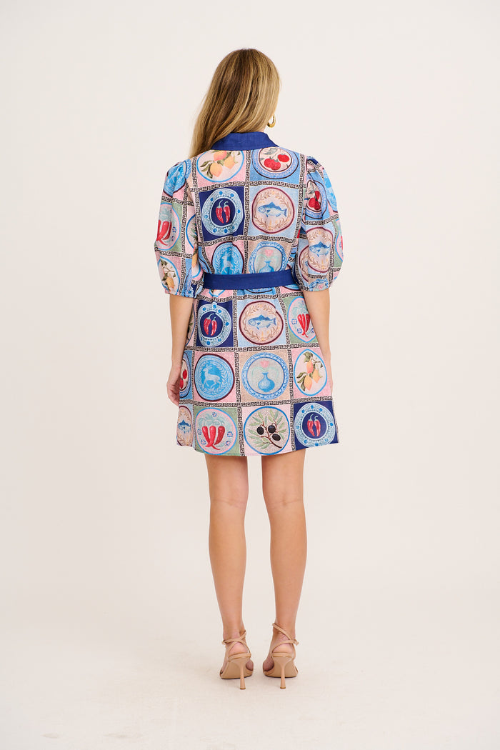 Esenia Shirt Dress in Blue Multi Tile Linen Blend back