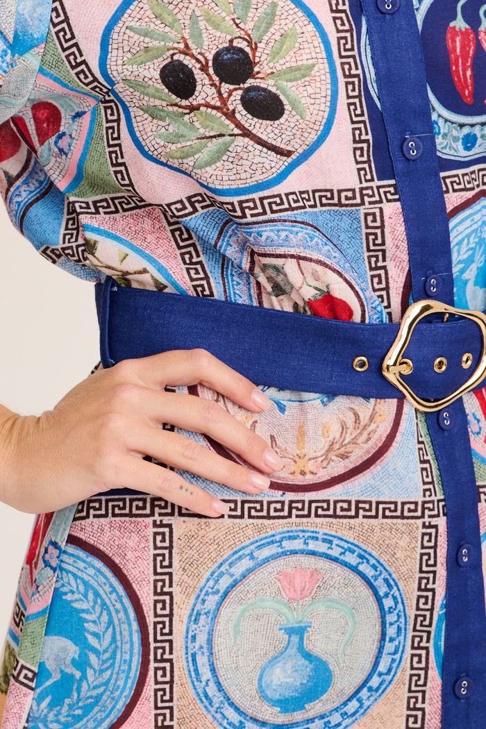 Esenia Shirt Dress in Blue Multi Tile Linen Blend detail