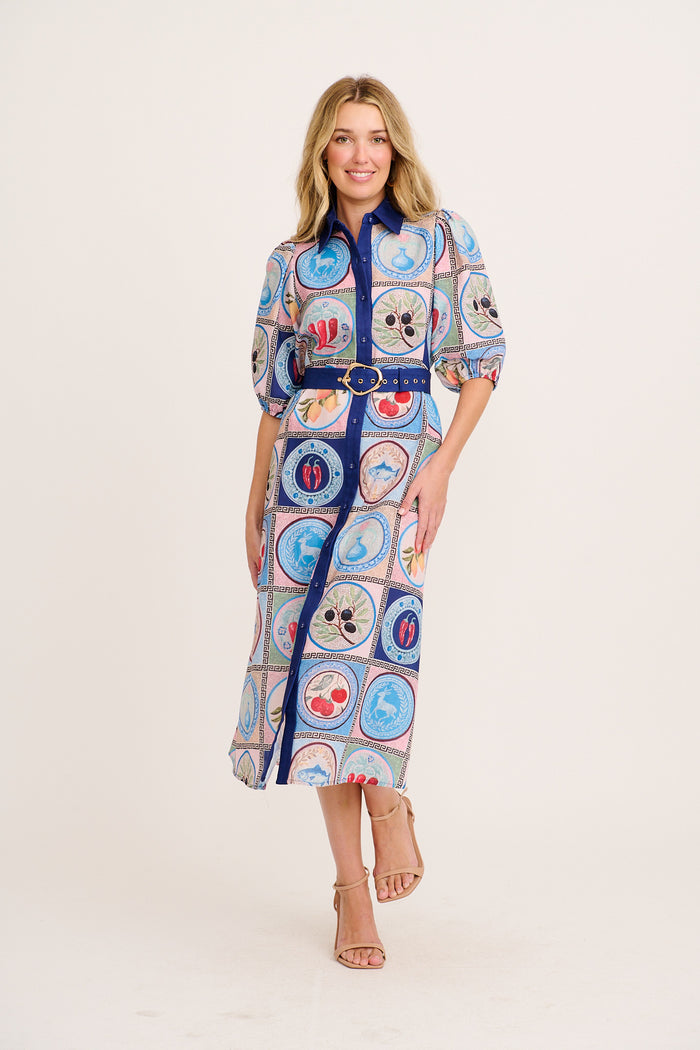 Elari Midi Shirt Dress in Blue Multi Tile Linen Blend full length