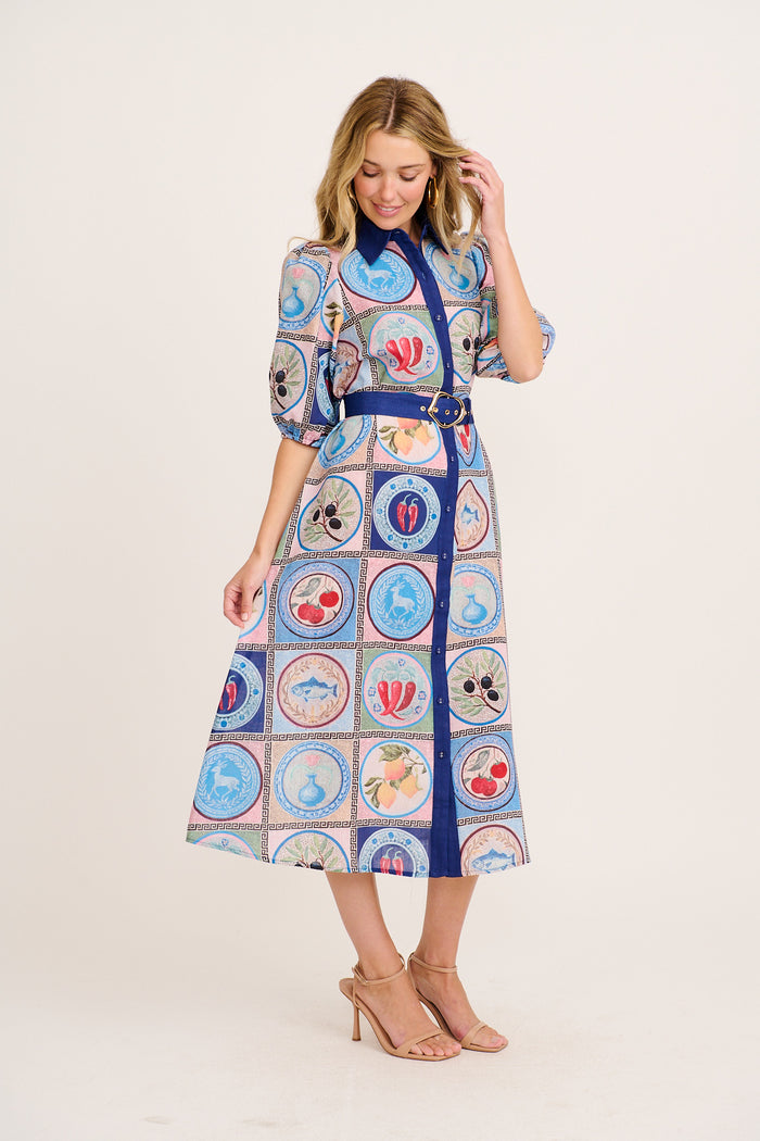 Elari Midi Shirt Dress in Blue Multi Tile Linen Blend side