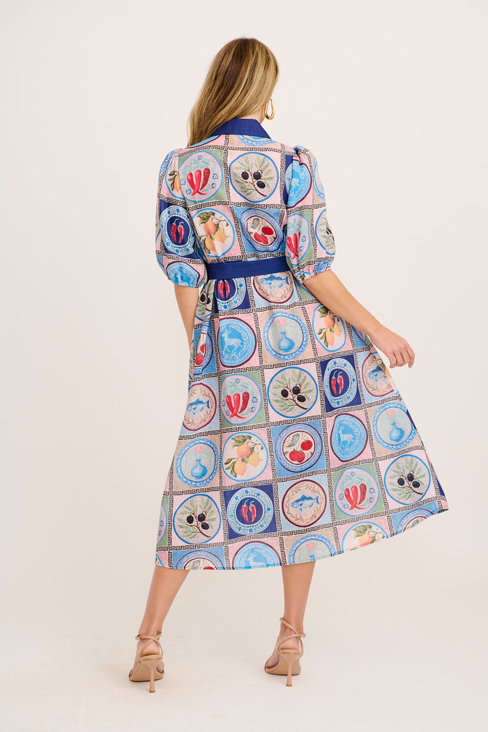 Elari Midi Shirt Dress in Blue Multi Tile Linen Blend back