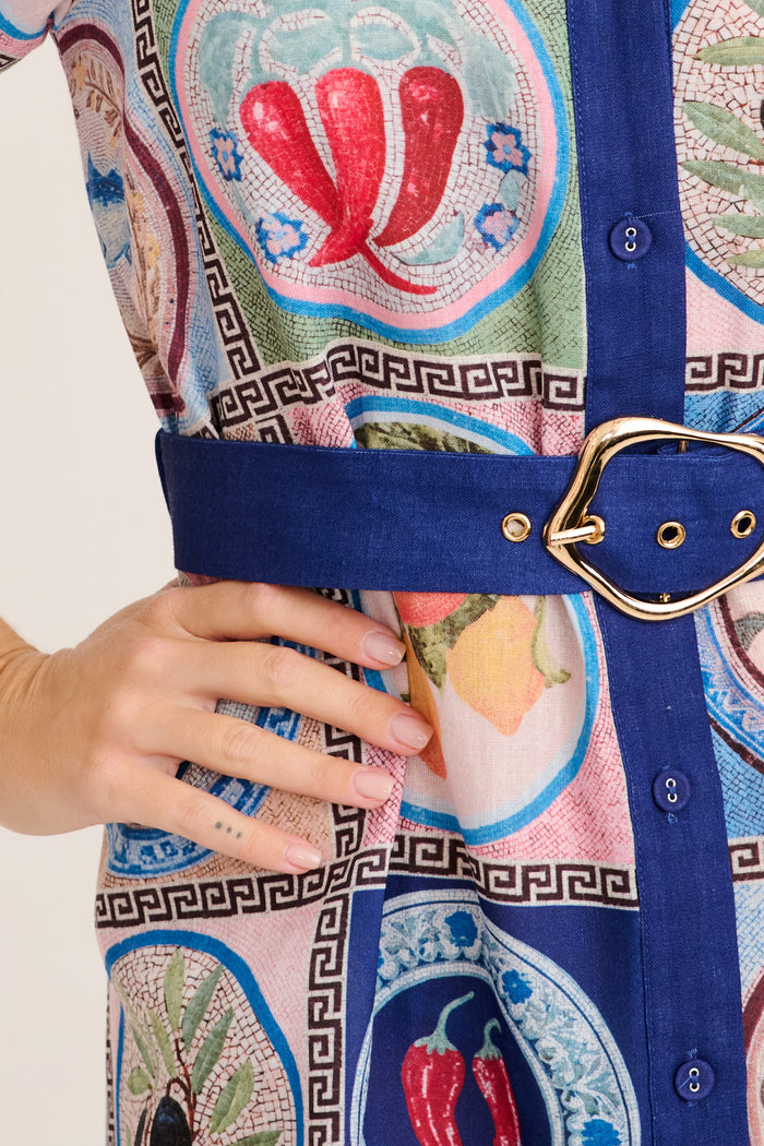 Elari Midi Shirt Dress in Blue Multi Tile Linen Blend detail