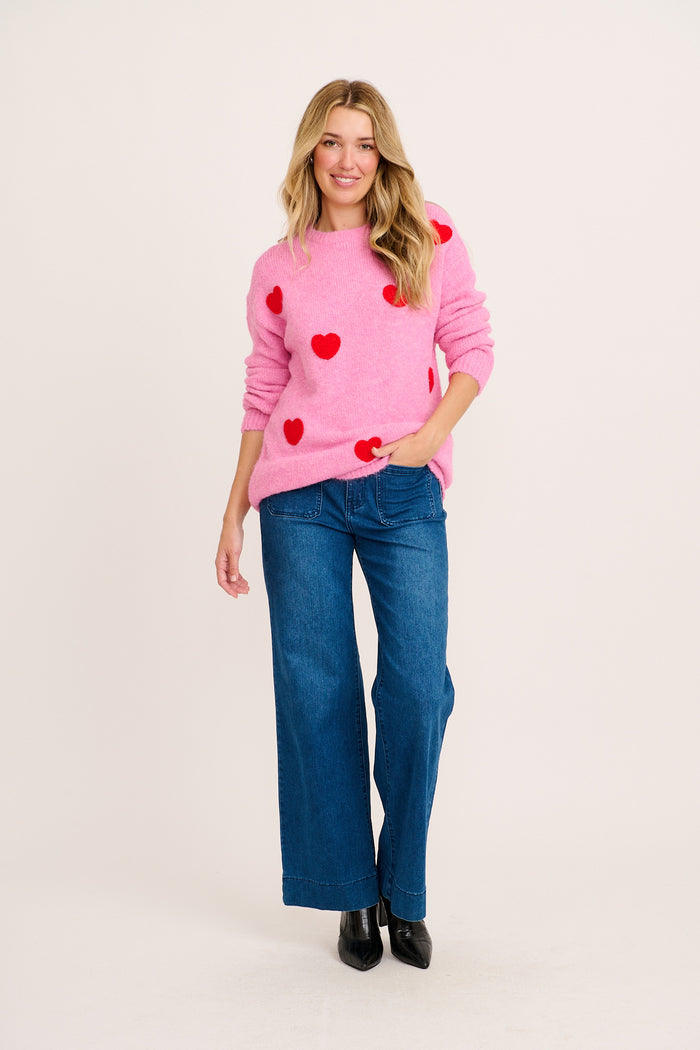 Queen Of Hearts Knit in Pink with Red hearts Wool Blend full length