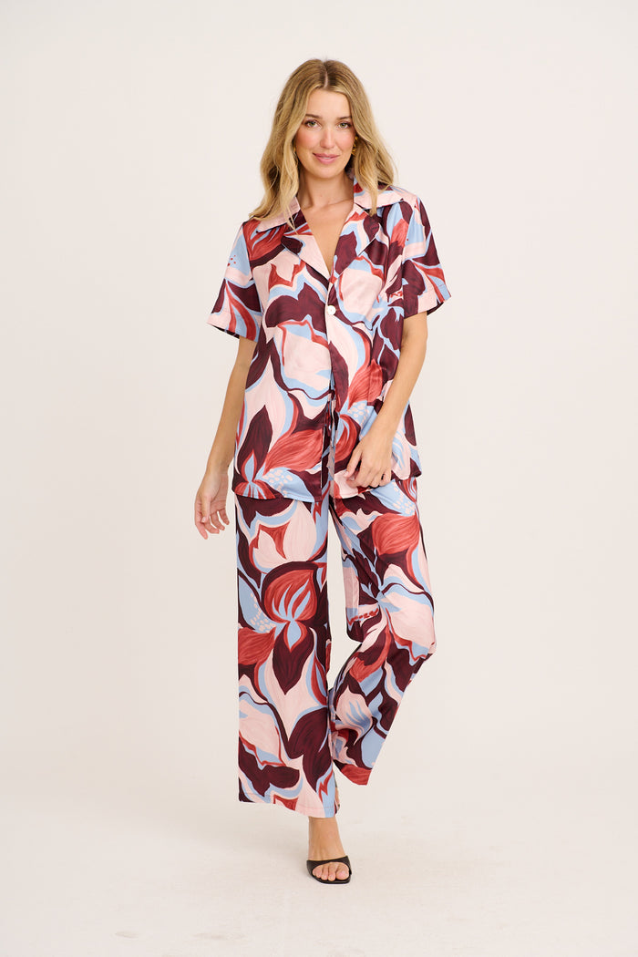 Dearest Desire Shirt in Wine with Cream Floral Satin full length set