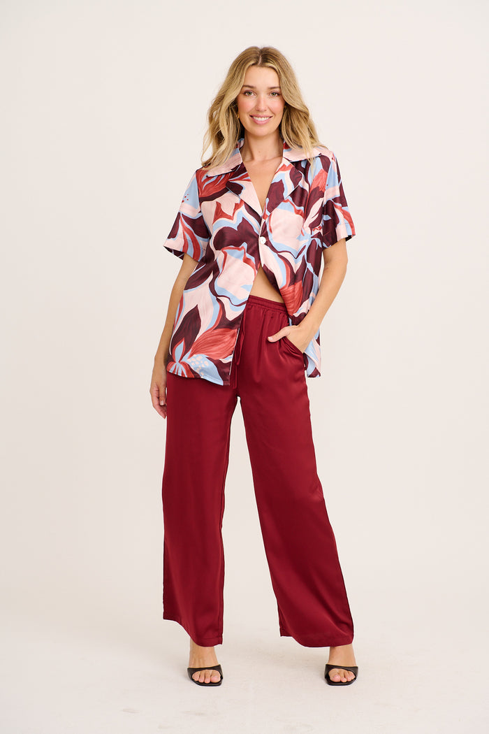 Dearest Desire Shirt in Wine with Cream Floral Satin full length