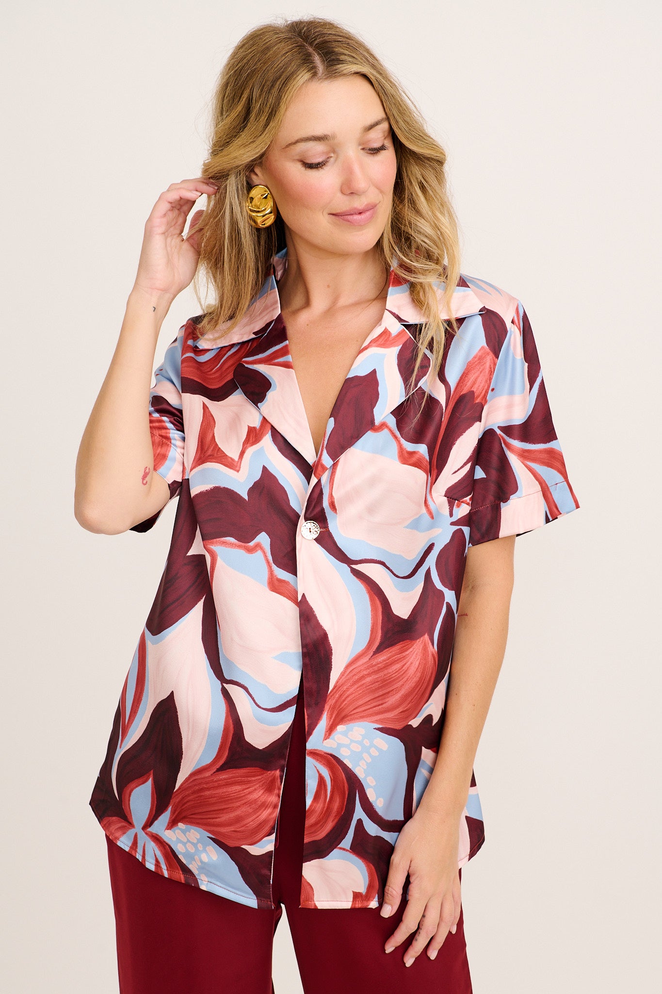 Dearest Desire Shirt in Wine with Cream Floral Satin front