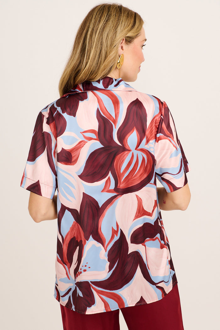 Dearest Desire Shirt in Wine with Cream Floral Satin back