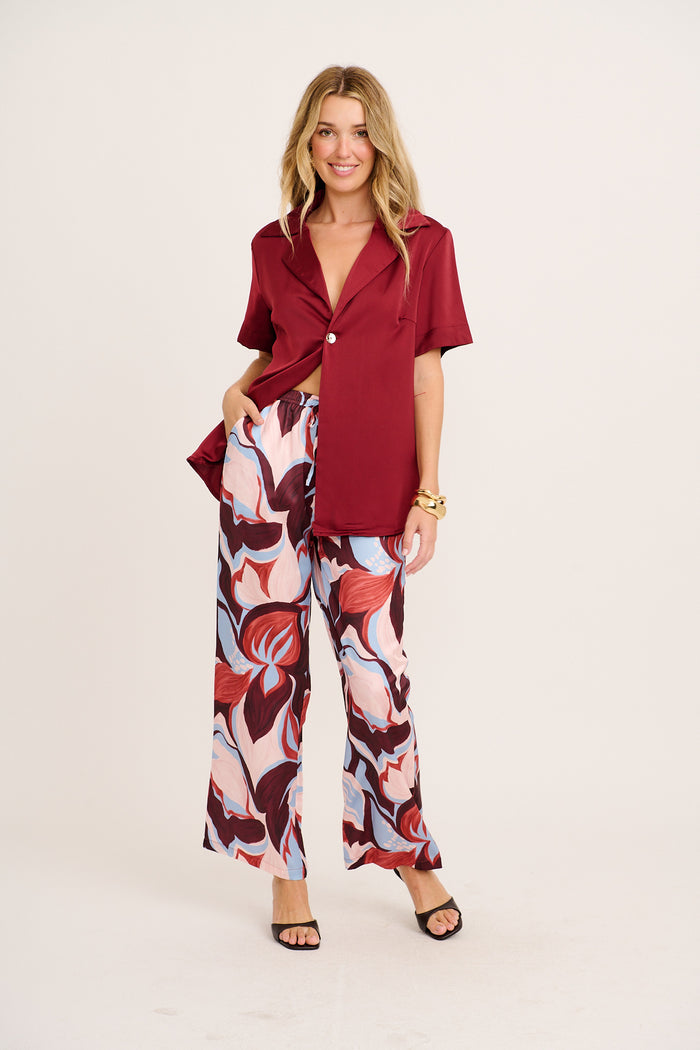 Enchanted Waltz Pant in Wine with Cream Floral Satin full length