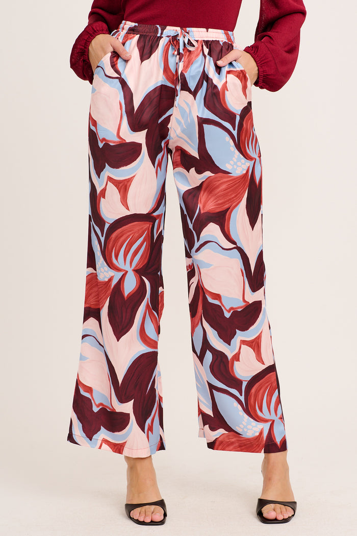 Enchanted Waltz Pant in Wine with Cream Floral Satin front