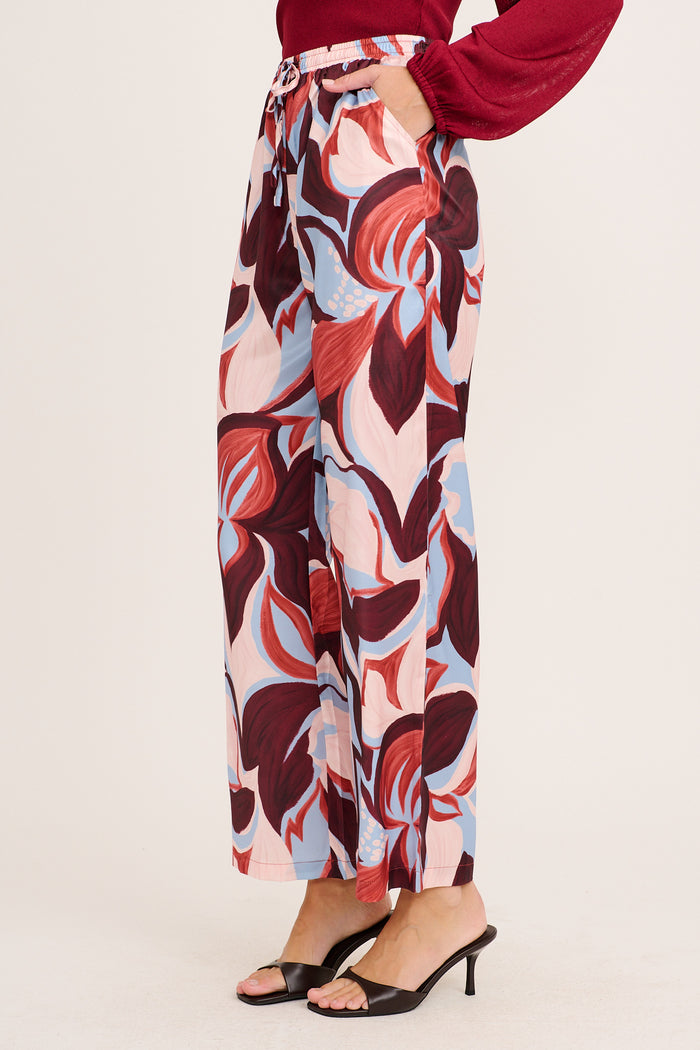 Enchanted Waltz Pant in Wine with Cream Floral Satin side