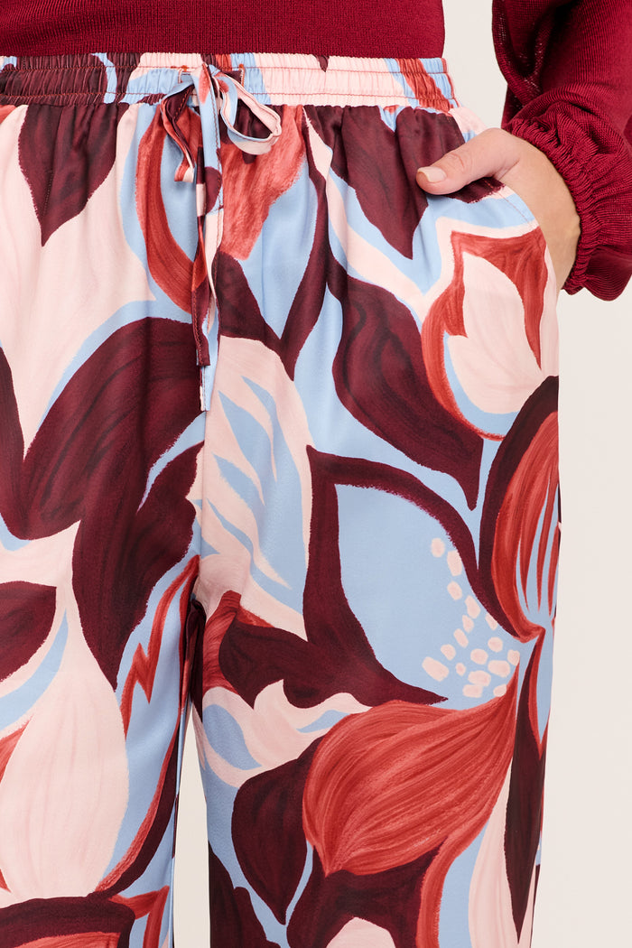 Enchanted Waltz Pant in Wine with Cream Floral Satin detail