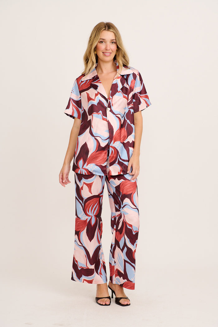 Enchanted Waltz Pant in Wine with Cream Floral Satin full length set