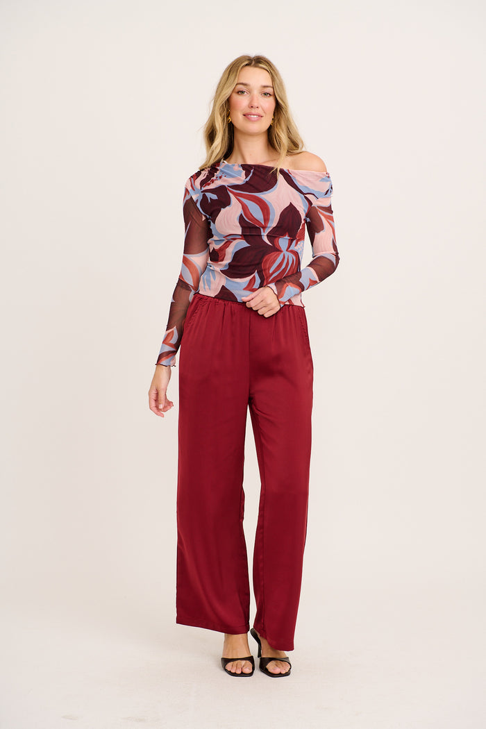 Contour Off Shoulder Top in Wine with Cream Floral Mesh full length