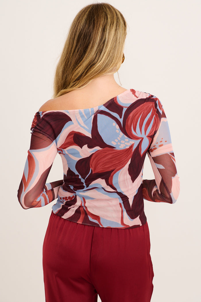 Contour Off Shoulder Top in Wine with Cream Floral Mesh back