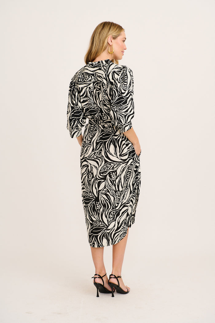 Carson Midi Dress in Black and White Swirl Print back