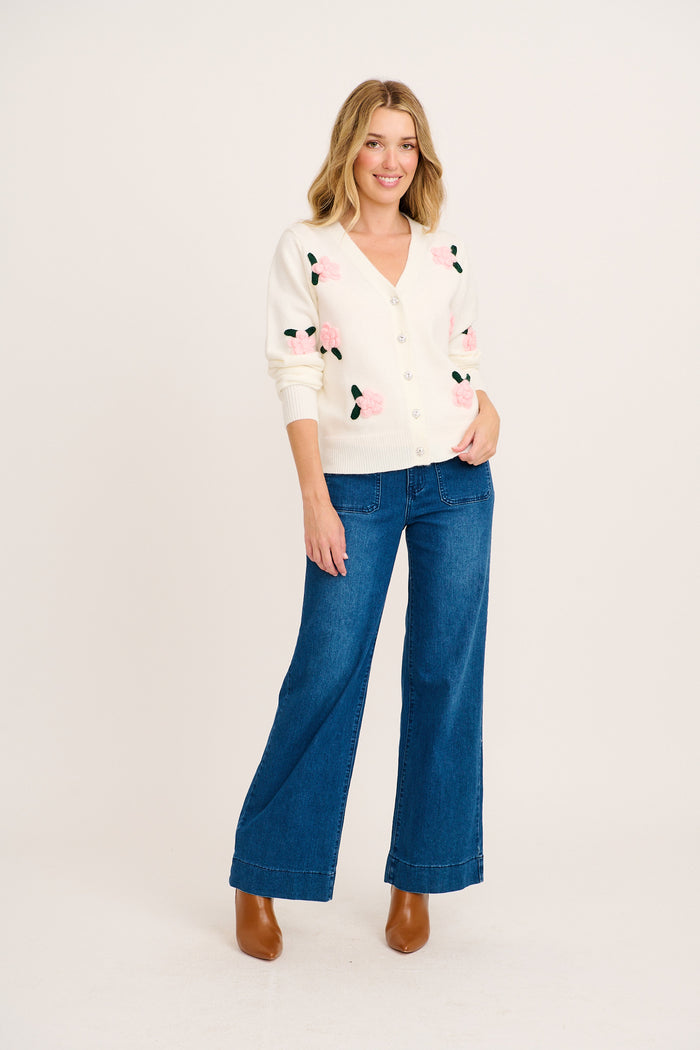 Fuzzy Feeling Knit Cardigan in White with Pink Flower full length