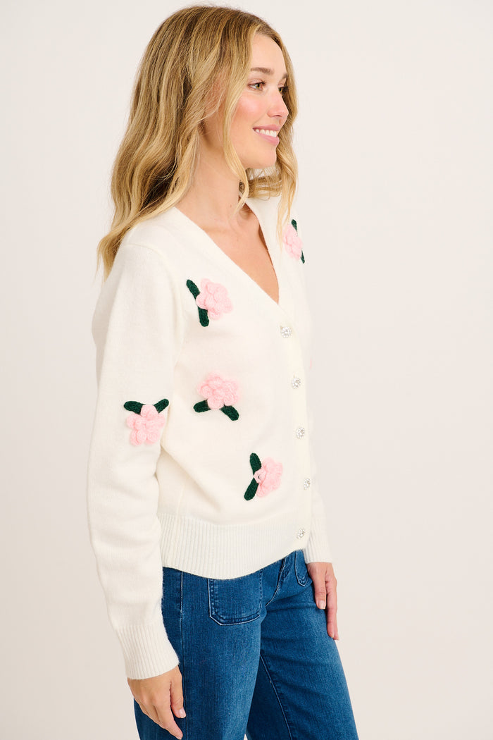 Fuzzy Feeling Knit Cardigan in White with Pink Flower side