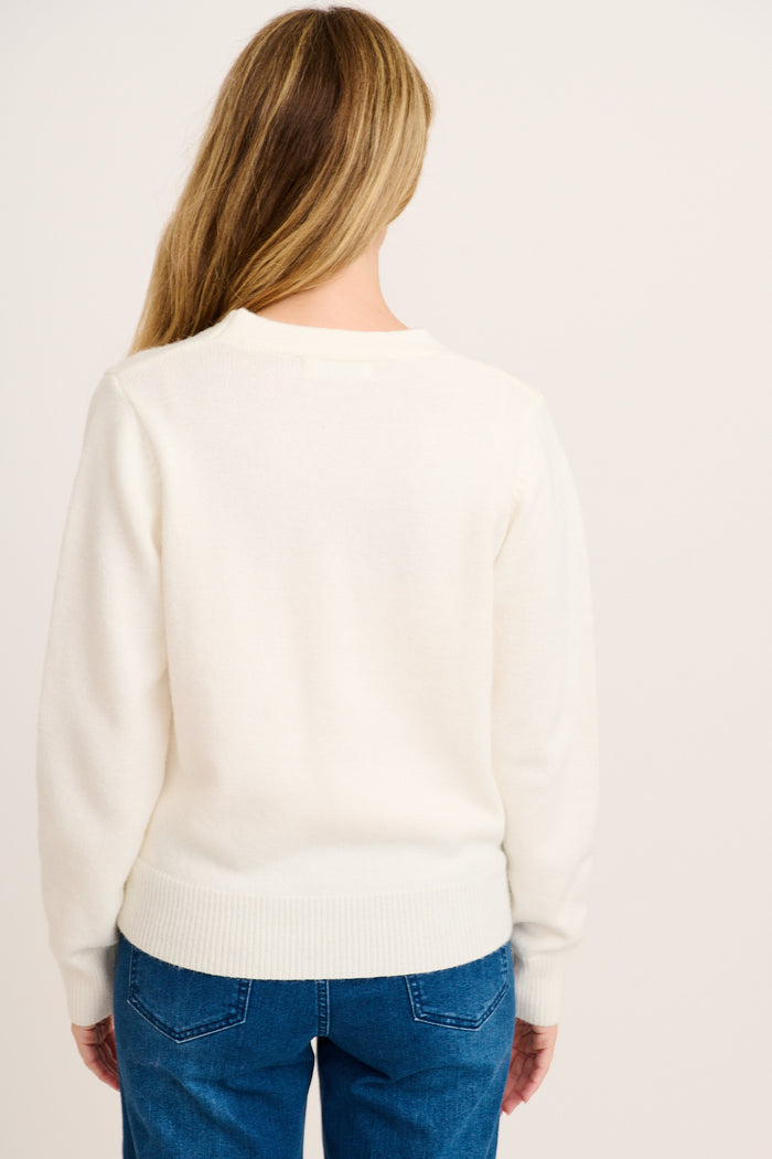 Fuzzy Feeling Knit Cardigan in White with Pink Flower back