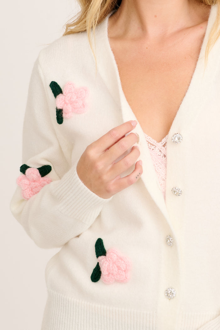 Fuzzy Feeling Knit Cardigan in White with Pink Flower detail