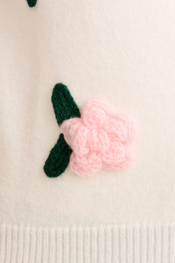 Fuzzy Feeling Knit Cardigan in White with Pink Flower fabric
