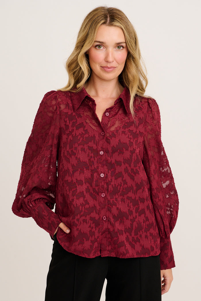Vanessa Shirt in Wine Leaf Burnout Chiffon front