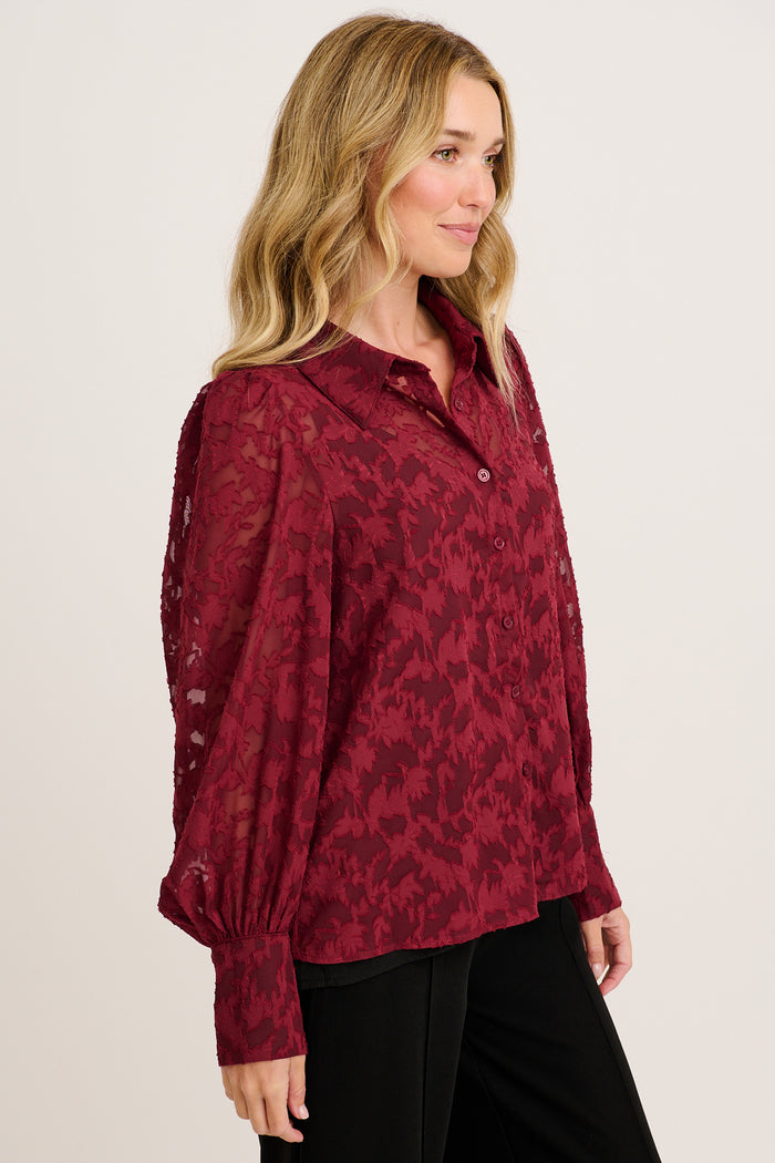 Vanessa Shirt in Wine Leaf Burnout Chiffon side