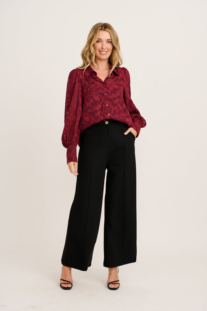 Vanessa Shirt in Wine Leaf Burnout Chiffon full length