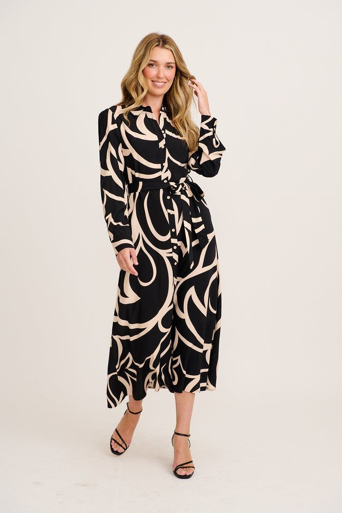 Deirdre Midi Shirt Dress in Black with Cream Print
