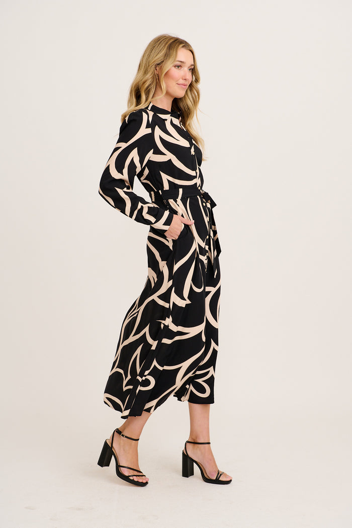 Deirdre Midi Shirt Dress in Black with Cream Print side