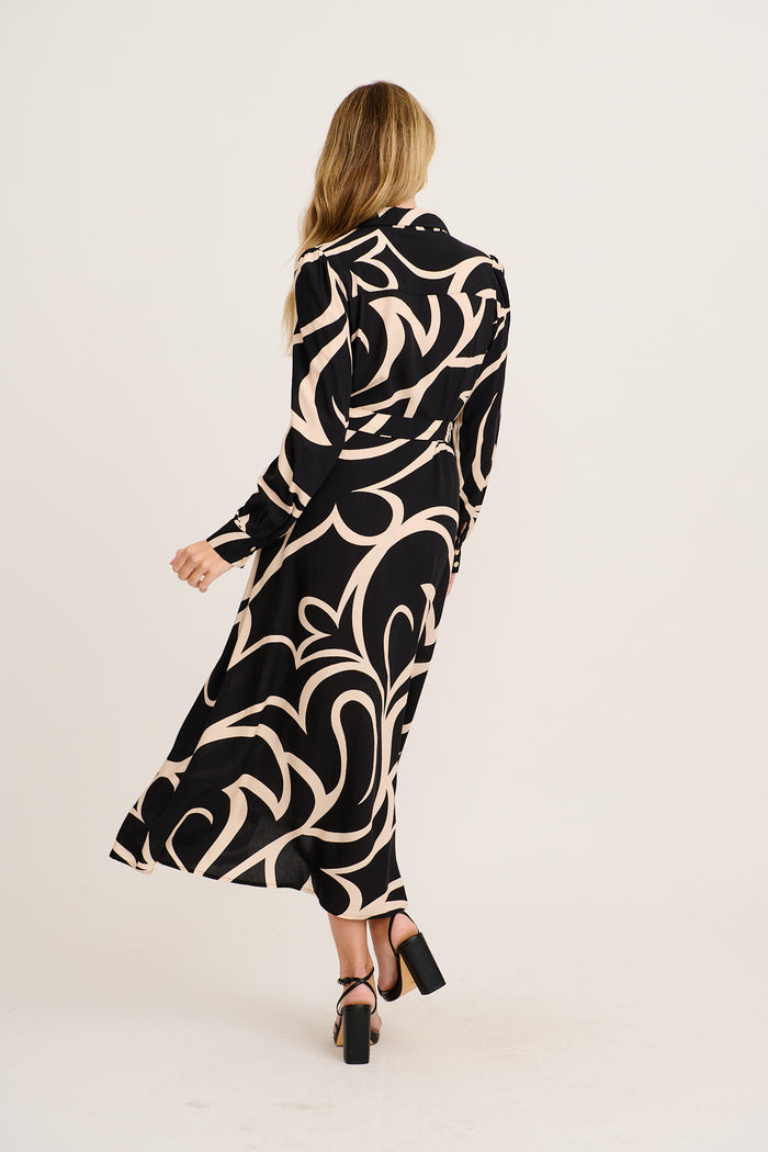 Deirdre Midi Shirt Dress in Black with Cream Print back
