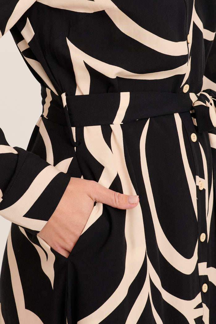 Deirdre Midi Shirt Dress in Black with Cream Print detail
