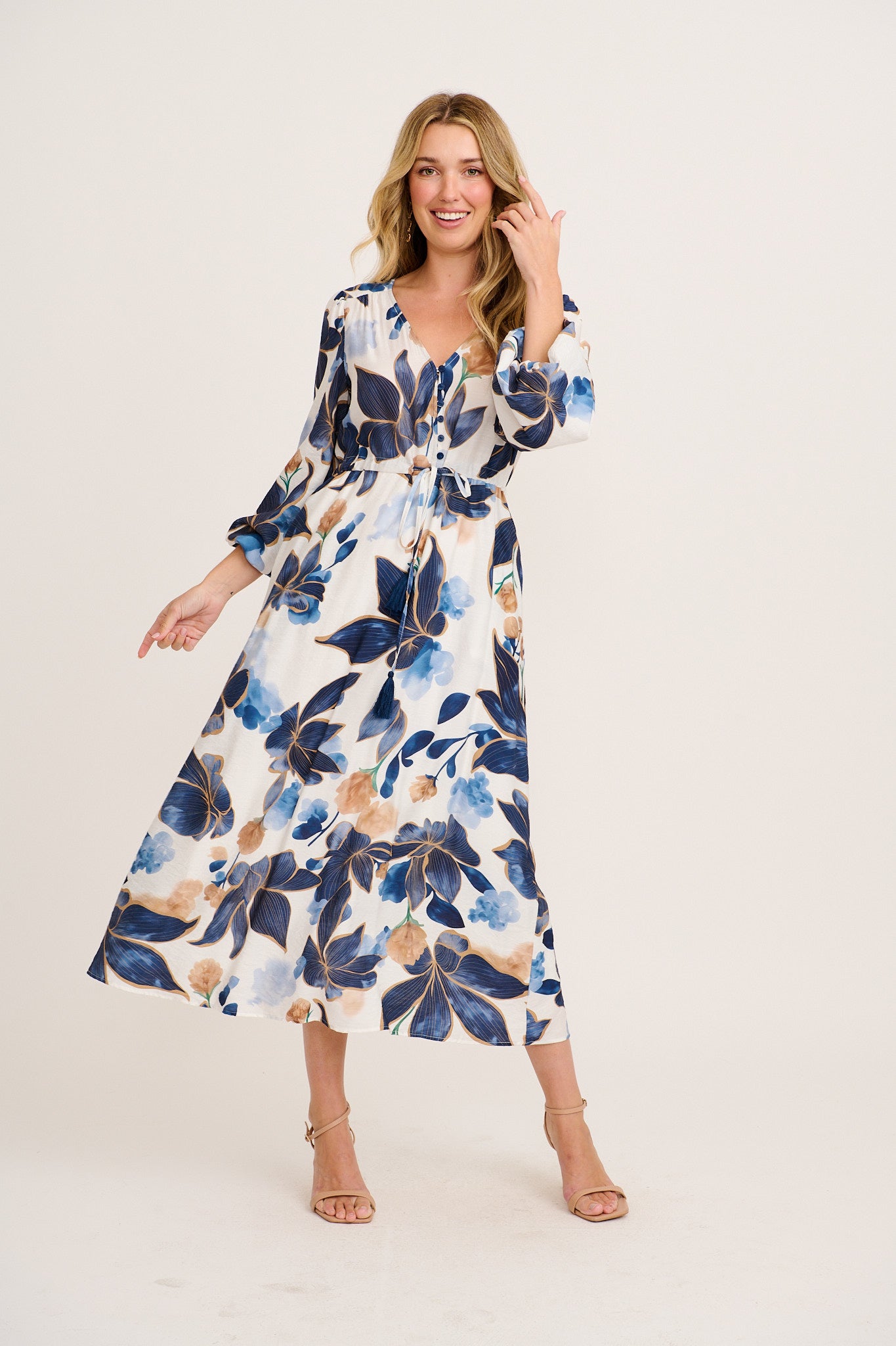 Vallora Maxi Dress in White with Navy Floral full length