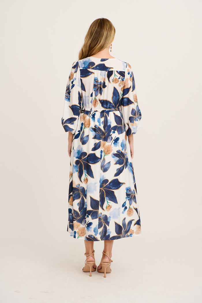 Vallora Maxi Dress in White with Navy Floral back