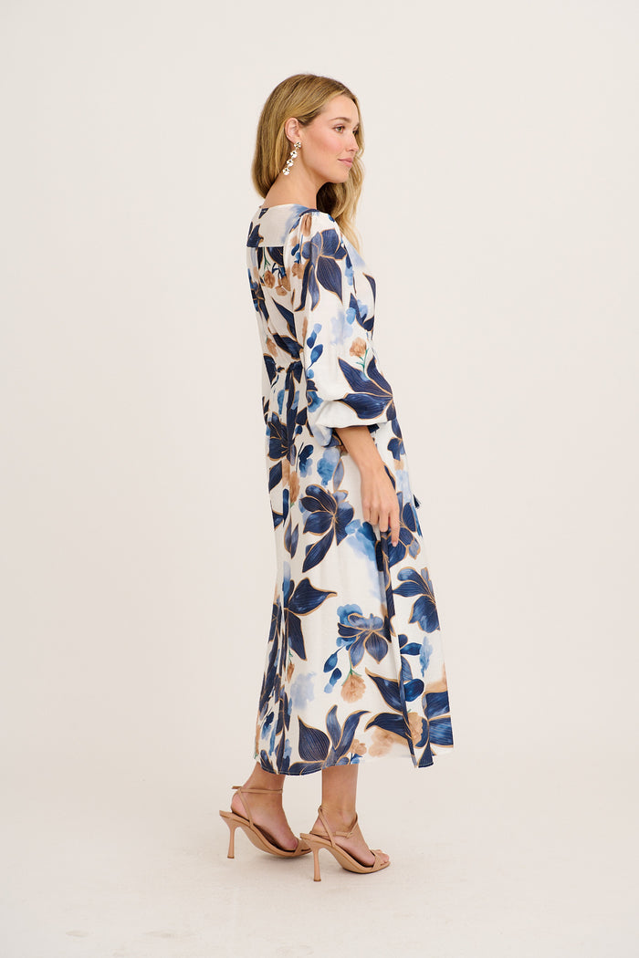 Vallora Maxi Dress in White with Navy Floral side