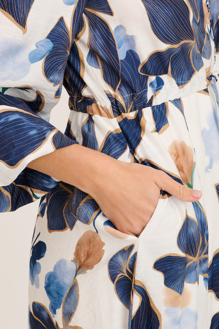 Vallora Maxi Dress in White with Navy Floral detail