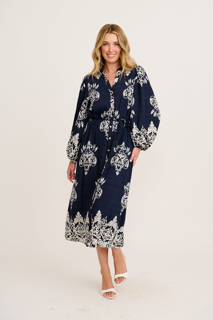 Bexley Midi Dress in Navy with White Print full length